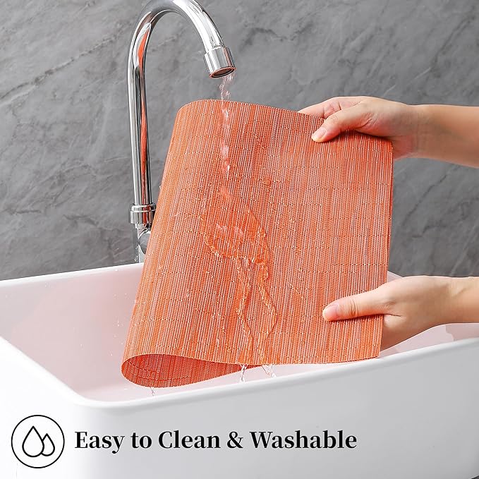 Leetaltree Orange Placemats Set of 12 - Heat Resistant Non-Slip Place mats for Dining Table, Washable Durable PVC Vinyl Woven Table Mats（Orange, 12）