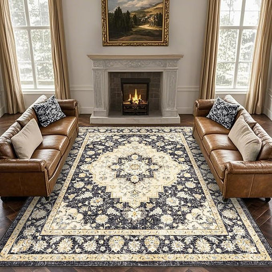 Area Rug for Living Room - Indoor Machine Washable Vintage Rugs for Bedroom Dinning Room Floor Carpet Non-Slip Backing Rugs Floral Soft Low-Pile Office Rug (Black/Beige, 9' × 12')