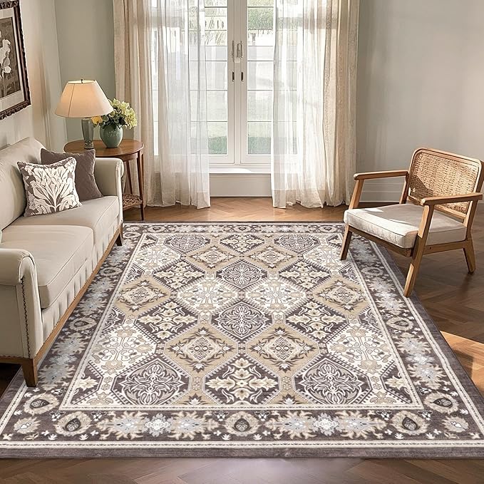 Area Rug for Living Room - Vintage Indoor Machine Washable Rug for Bedroom Dinning Room Floor - Soft Low-Pile Carpet Non-Slip Backing Floral Rugs for Office (Reddish Brown, 6' × 9')