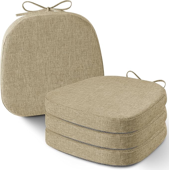 AddGrace Set of 4 Chair Cushions for Metal Dining Chairs 14x14 Chair Pads with Ties Non Slip Thick Seat Cushions with Textured and Removable Cover Beige
