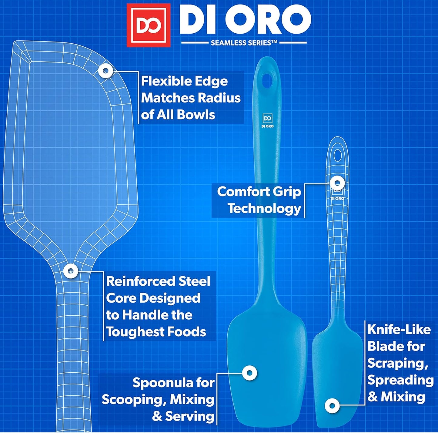 DI ORO Silicone Spatula Set - Rubber Kitchen Spatulas for Baking, Cooking, & Mixing - 600°F Heat-Resistant & BPA Free Silicone Scraper Spatulas for Nonstick Cookware - Dishwasher Safe (3pc, Blue)