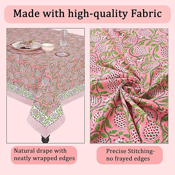 Ridhi Strawberry Pink Hand Block Print Cotton Rectangle Tablecloth 90 x 60 inch-Reusable Table Cover Decorative Everyday Use for Dining Room, Farmhouse, Thanksgiving, Christmas Wedding, Fall