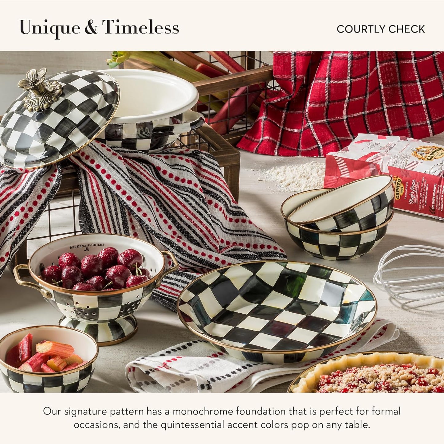 MACKENZIE-CHILDS Enamel Everyday Bowl, Serving Bowl for Entertaining, Extra-Small, Black-and-White Courtly Check, Set of 4