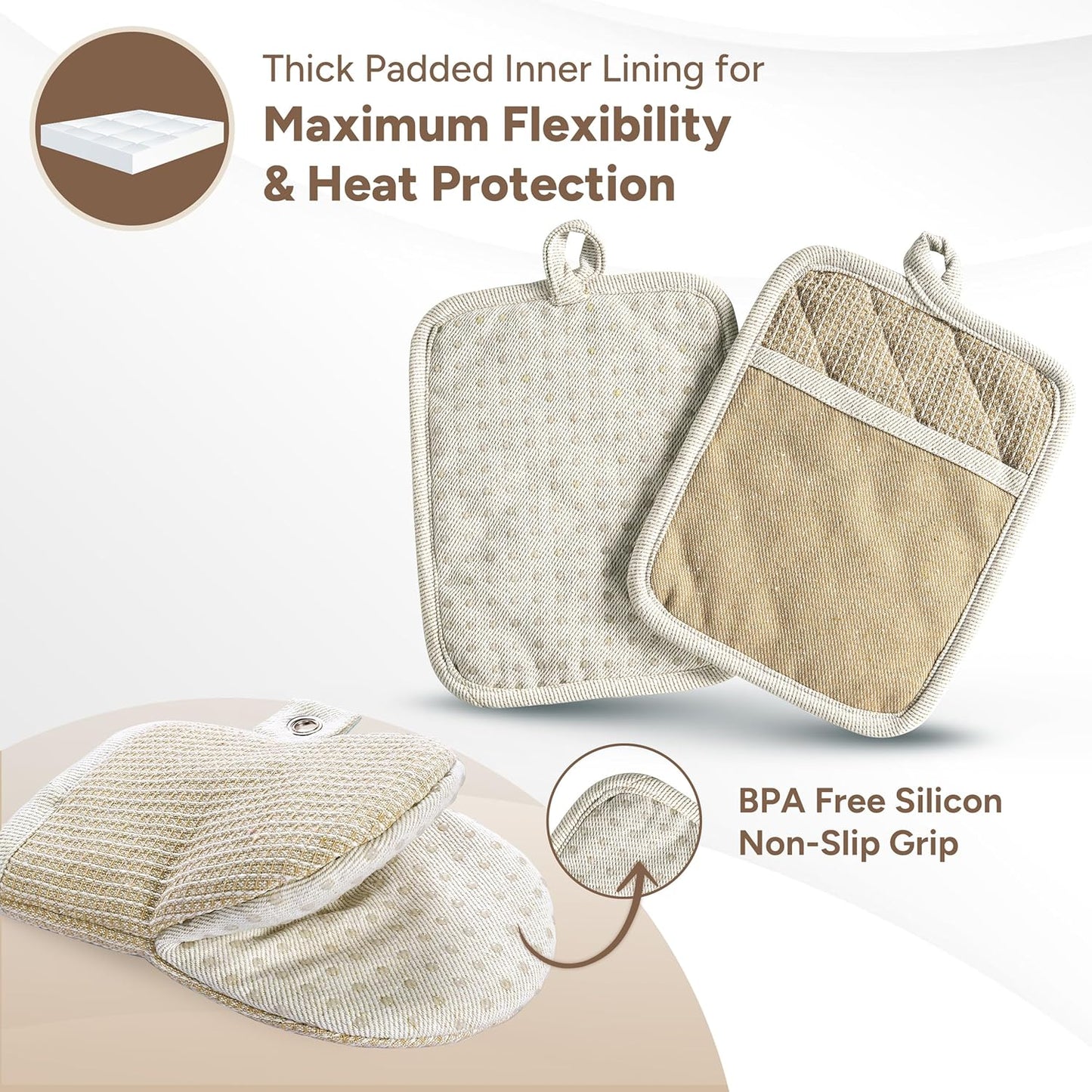 Casa Platino Mini Oven Mitts & Silicone Pot Holders, 4-Piece – Heat Resistant Gloves for Cooking & BBQ, Hot Pads for Kitchen – Withstands Up to 500°F, Non-Slip & Machine Washable – Beige