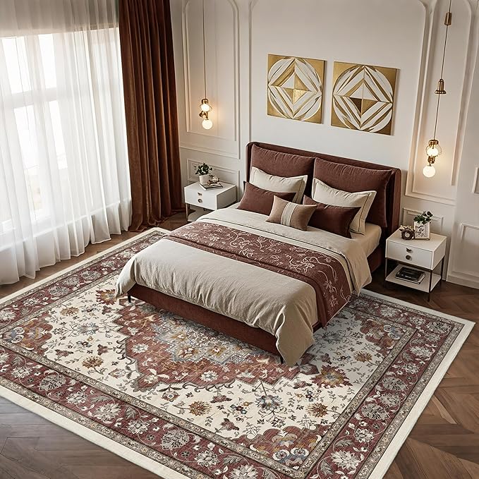 Area Rug for Living Room - Vintage Indoor Machine Washable Rug for Bedroom Dinning Room Floor - Soft Low-Pile Carpet Non-Slip Backing Floral Rugs Office Rug (Brick/Ivory, 9' × 12')