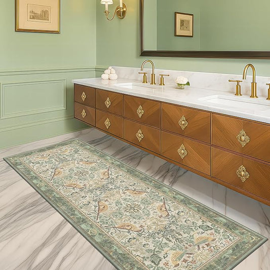 Boho Long Bathroom Runner Rug 2x6 - Floral & Bird Runner Rug for Kitchen Floor, Hallway, Laundry Room, Bedroom, Entrance, Sage Green Vintage Decor, Washable Non Slip Low Pile - Light Green