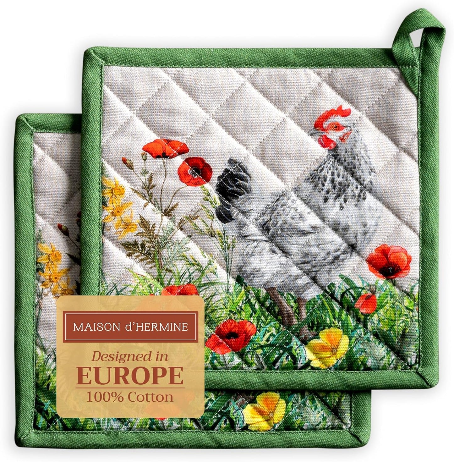 Maison d' Hermine Pot Holders Set 100% Cotton Heat Resistant Potholders 8" x 8" Hot Pads with Loop BBQ, Cooking, Baking, Grilling, Kitchen, Handling Hot Pans Spring/Summer (Pack of 2, Basse Cour)