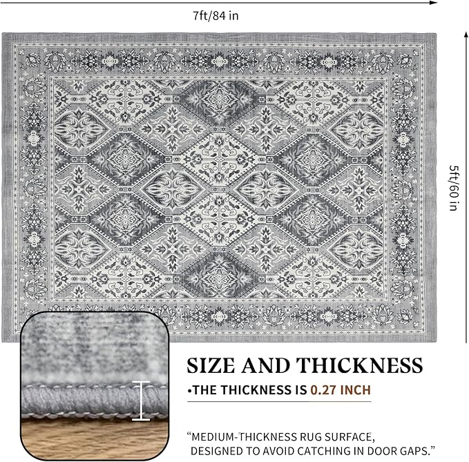Area Rug for Living Room - Indoor Machine Washable Vintage Rugs for Bedroom Dinning Room Floor - Soft Low-Pile Carpet Non-Slip Backing Floral Rugs for Office (Grey, 5' × 7')