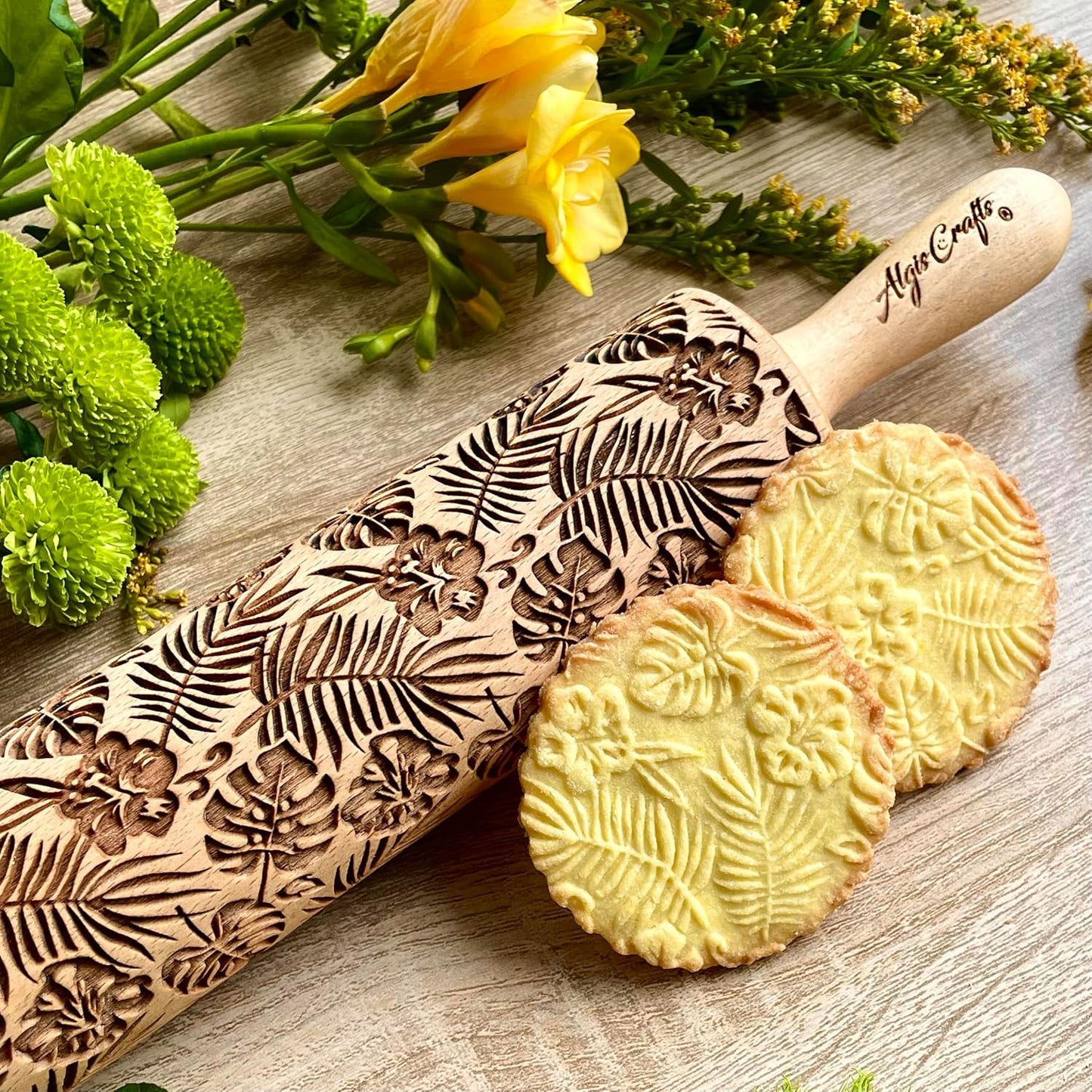 Embossing Rolling Pin RAINFOREST with Tropical Pattern. Dough roller for embossed cookies and Pottery by Algis Crafts