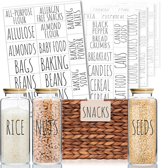 Hygge & Sage Pantry Labels for Containers Preprinted - 192 Waterproof Labels, Durable, Removable Kitchen Stickers, Clear With Black Print, Perfect for Use On Basket Labels, in Pantry, and Refrigerator