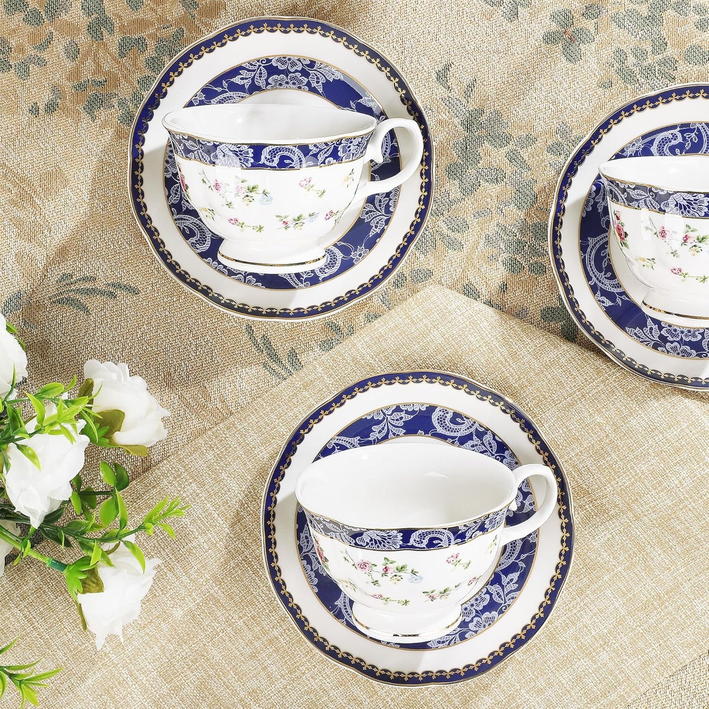 fanquare Bone China Tea Sets for Adults, 21-Piece Blue Lace and Roses Porcelain Tea Service with Sugar Bowl & Creamer, English Cremic Floral Teacups Set of 6 for Women Tea Party