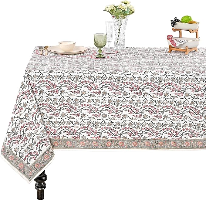 Ridhi Coral Pink Trails Hand Block Print Cotton Rectangle Tablecloth 108 x 70 inches Reusable Table Cover Decorative Everyday Use for Dining Room, Farmhouse, Home, Party, Festive & Wedding, Fall