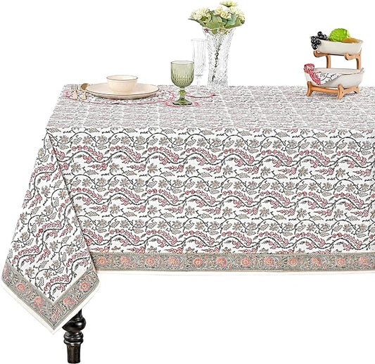 Ridhi Indian Cotton Tablecloth with Hand Block Print (Coral Pink Trails, 4 Seater 60x60 Inches Square)