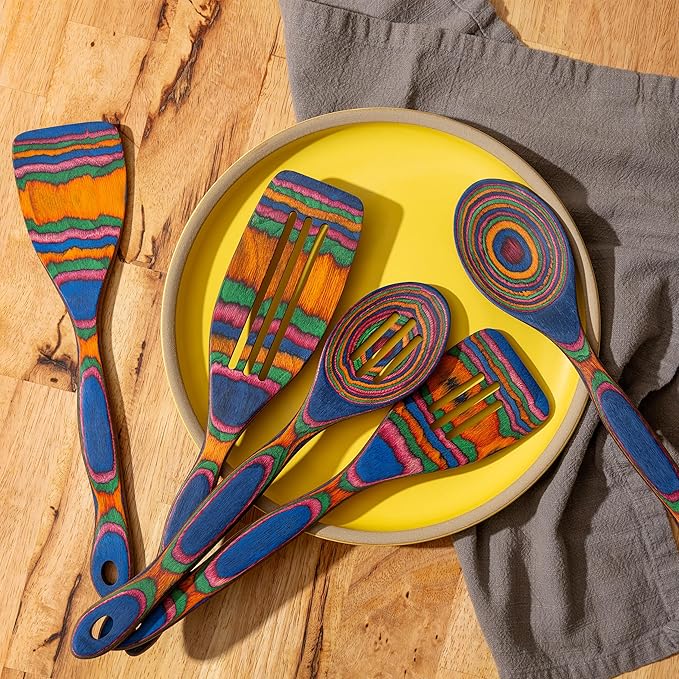5pc Wood Cooking Utensils Set - Wooden Spoons for Cooking – Pakka Wood Utensils for Cooking and Serving – Comfortable Grip and Non Stick (Blue Rainbow)