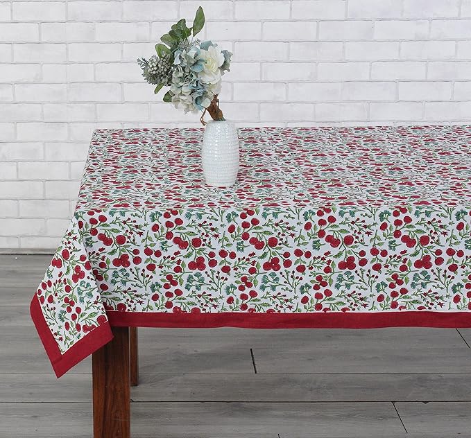 Ridhi Garnet Red Hand Block Print Cotton Rectangle Tablecloth 108 x 70 inch-Reusable Table Cover Decorative Everyday Use for Dining Room, Farmhouse, Thanksgiving, Christmas Wedding, Fall
