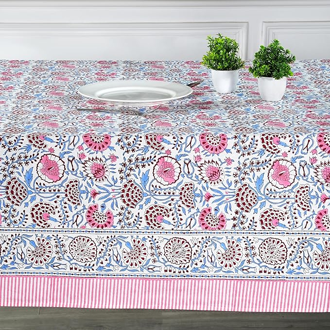 Ridhi Pigeon Blue Hand Block Print Cotton Rectangle Tablecloth 118 x 70 inch-Reusable Table Cover Decorative Everyday Use for Dining Room, Farmhouse, Thanksgiving, Christmas Wedding, Fall