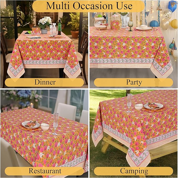Ridhi -Bubblegum Pink Cotton Tablecloth, Handblock Print Floral Table Cloth for Kitchen Dining Linen I Thanksgiving, Christmas, Wedding, Fall Décor 16 Seater 72X190 Inches Rectangle