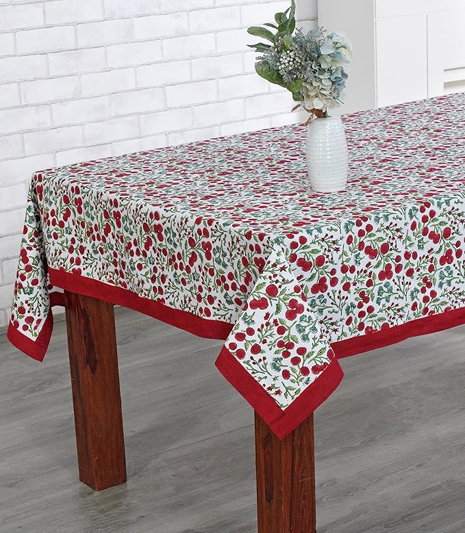 Ridhi Garnet Red Hand Block Print Cotton Rectangle Tablecloth 108 x 70 inch-Reusable Table Cover Decorative Everyday Use for Dining Room, Farmhouse, Thanksgiving, Christmas Wedding, Fall