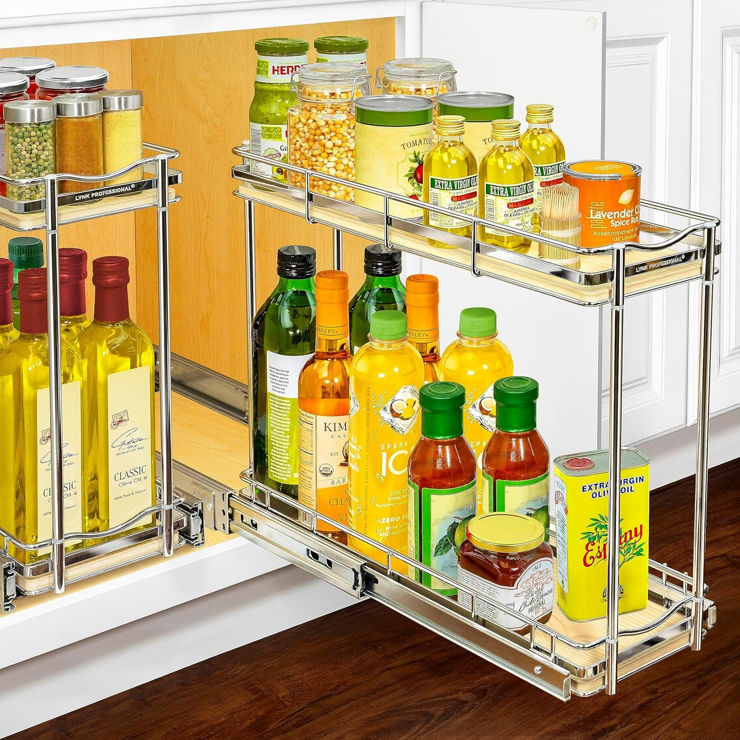 LYNK PROFESSIONAL® Élite™ Pull Out Spice Rack Organizer for Inside Kitchen Cabinets - 6"x21" - Slide Out Drawer – Wood/Chrome Sliding Spice Cabinet Organization Shelf Racks - 2 Tier