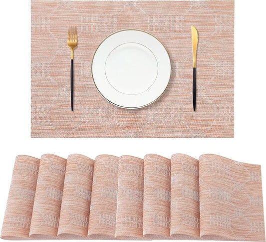 Leetaltree Coral Placemats Set of 8 - Heat Resistant Non-Slip Place mats for Dining Table, Washable Durable PVC Vinyl Woven Table Mats（Coral, 8）