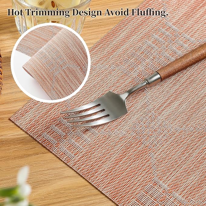 Leetaltree Coral Placemats Set of 8 - Heat Resistant Non-Slip Place mats for Dining Table, Washable Durable PVC Vinyl Woven Table Mats（Coral, 8）