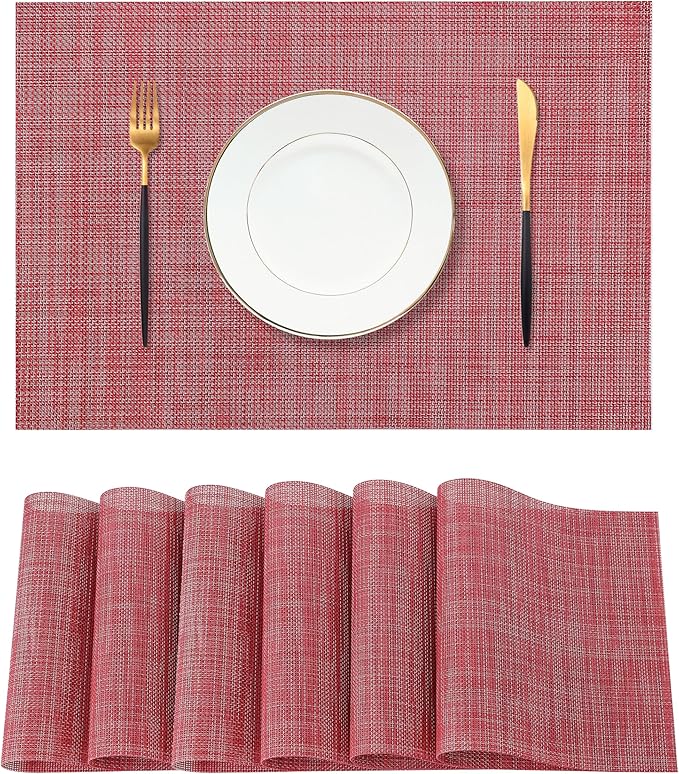 Christmas Red Placemats Set of 6 - Heat Resistant Non-Slip Place mats for Dining Table, Washable Durable PVC Vinyl Woven Table Mats
