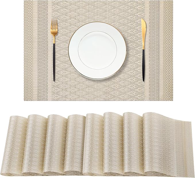 Leetaltree Stardust Yellow Placemats Set of 8 - Heat Resistant Non-Slip Place mats for Dining Table, Washable Durable PVC Vinyl Woven Table Mats（Stardust Yellow, 8）
