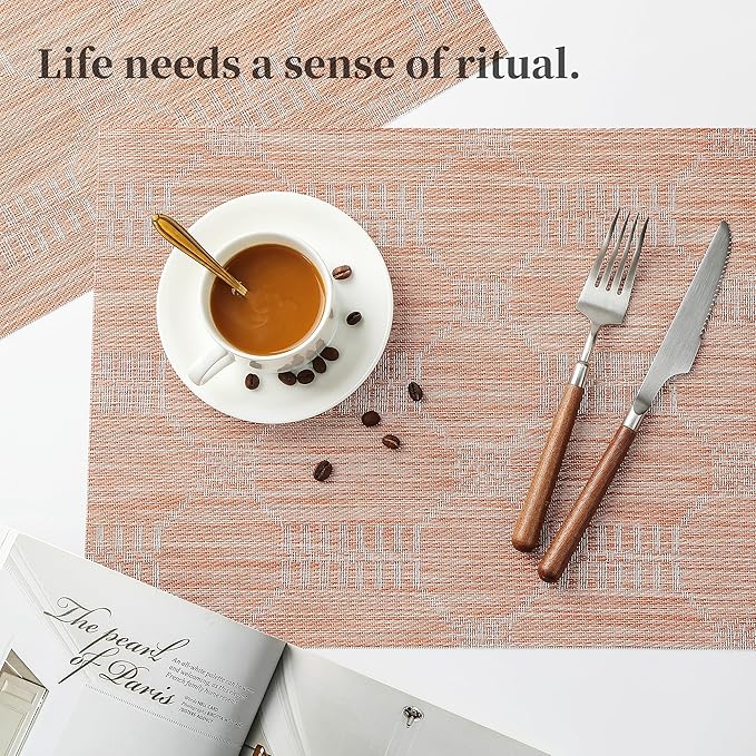 Leetaltree Coral Placemats Set of 6 - Heat Resistant Non-Slip Place mats for Dining Table, Washable Durable PVC Vinyl Woven Table Mats（Coral, 6）