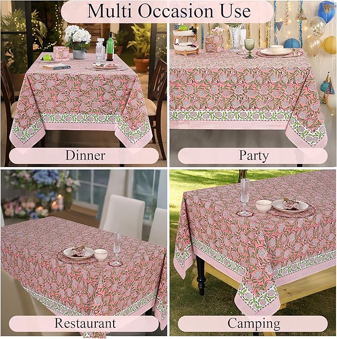 Ridhi Strawberry Pink Hand Block Print Cotton Rectangle Tablecloth 120 x 60 inch-Reusable Table Cover Decorative Everyday Use for Dining Room, Farmhouse, Thanksgiving, Christmas Wedding, Fall