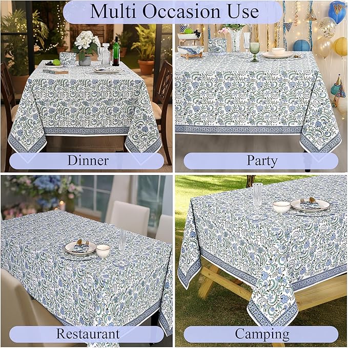 Ridhi Columbia Blue Hand Block Print Cotton Rectangle Tablecloth 118 x 70 inches Reusable Table Cover Decorative Everyday Use for Dining Room, Farmhouse, Home, Party, Festive & Wedding, Fall