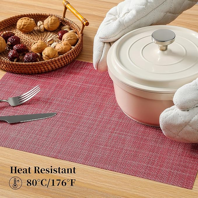 Christmas Red Placemats Set of 6 - Heat Resistant Non-Slip Place mats for Dining Table, Washable Durable PVC Vinyl Woven Table Mats