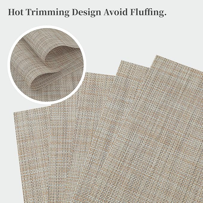 Leetaltree Linen Yellow Placemats Set of 4 - Heat Resistant Non-Slip Place mats for Dining Table, Washable Durable PVC Vinyl Woven Table Mats（Linen Yellow, 4）