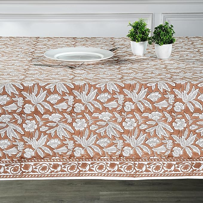 Ridhi Oak Brown Hand Block Print Cotton Rectangle Tablecloth 108 x 70 inch-Reusable Table Cover Decorative Everyday Use for Dining Room, Farmhouse, Thanksgiving, Christmas Wedding, Fall
