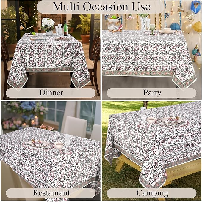Ridhi Coral Pink Trails Hand Block Print Cotton Rectangle Tablecloth 160 x 72 inch-Reusable Table Cover Decorative Everyday Use for Dining Room, Farmhouse, Thanksgiving, Christmas Wedding, Fall