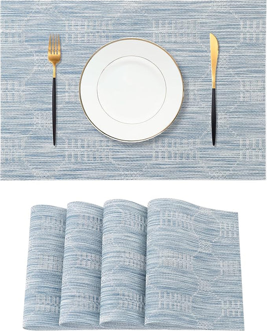 Leetaltree Jacquard Blue Placemats Set of 4 - Heat Resistant Non-Slip Place mats for Dining Table, Washable Durable PVC Vinyl Woven Table Mats (Jacquard Blue, 4)