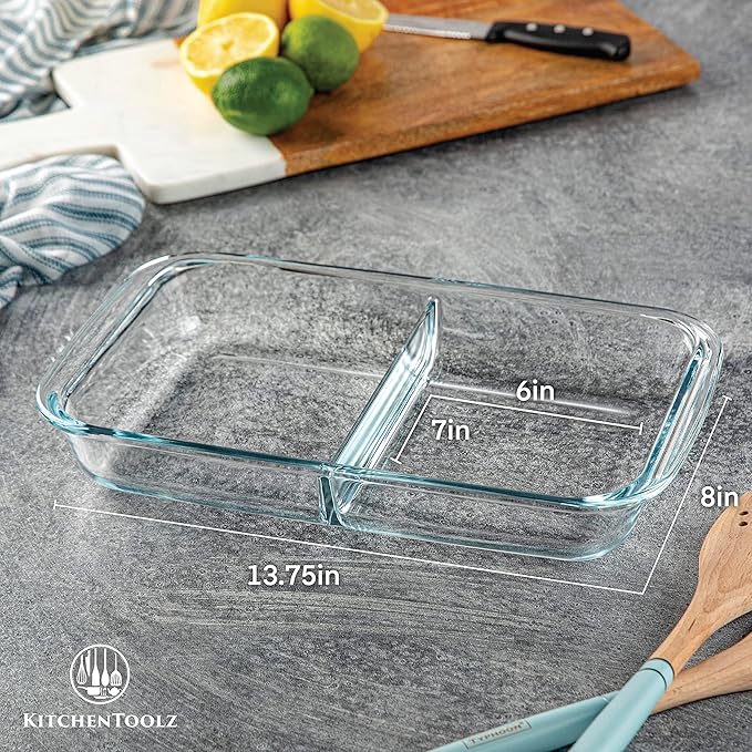 Divided Glass Casserole Baking Dish, Rectangular Bakeware Set 2.3 Qt Each, Oven to Table Clear Glass Lasagna Pan with Divider-2 Pack