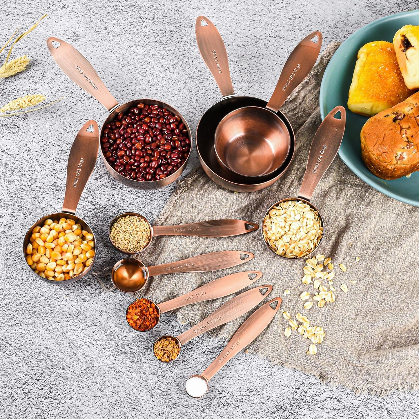 Copper Plated Measuring Cups and Spoons Set with 5 Copper Measuring Cups and 5 Measuring Spoons and Measure Ingredient Leveler and Rings, Metric & US Metal Measure Cups and Spoons for Baking & Kitchen