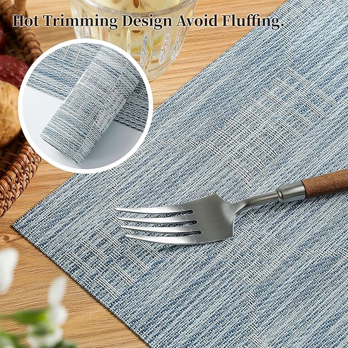 Leetaltree Alice Blue Placemats Set of 6 - Heat Resistant Non-Slip Place mats for Dining Table, Washable Durable PVC Vinyl Woven Table Mats（Jacquard Blue, 6）