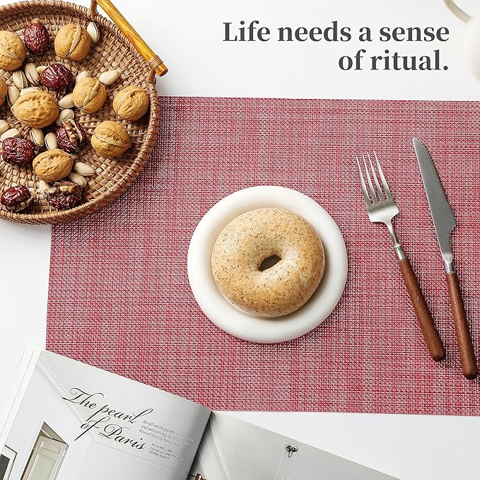 Christmas Red Placemats Set of 12 - Heat Resistant Non-Slip Place mats for Dining Table, Washable Durable PVC Vinyl Woven Table Mats（Red, 12）