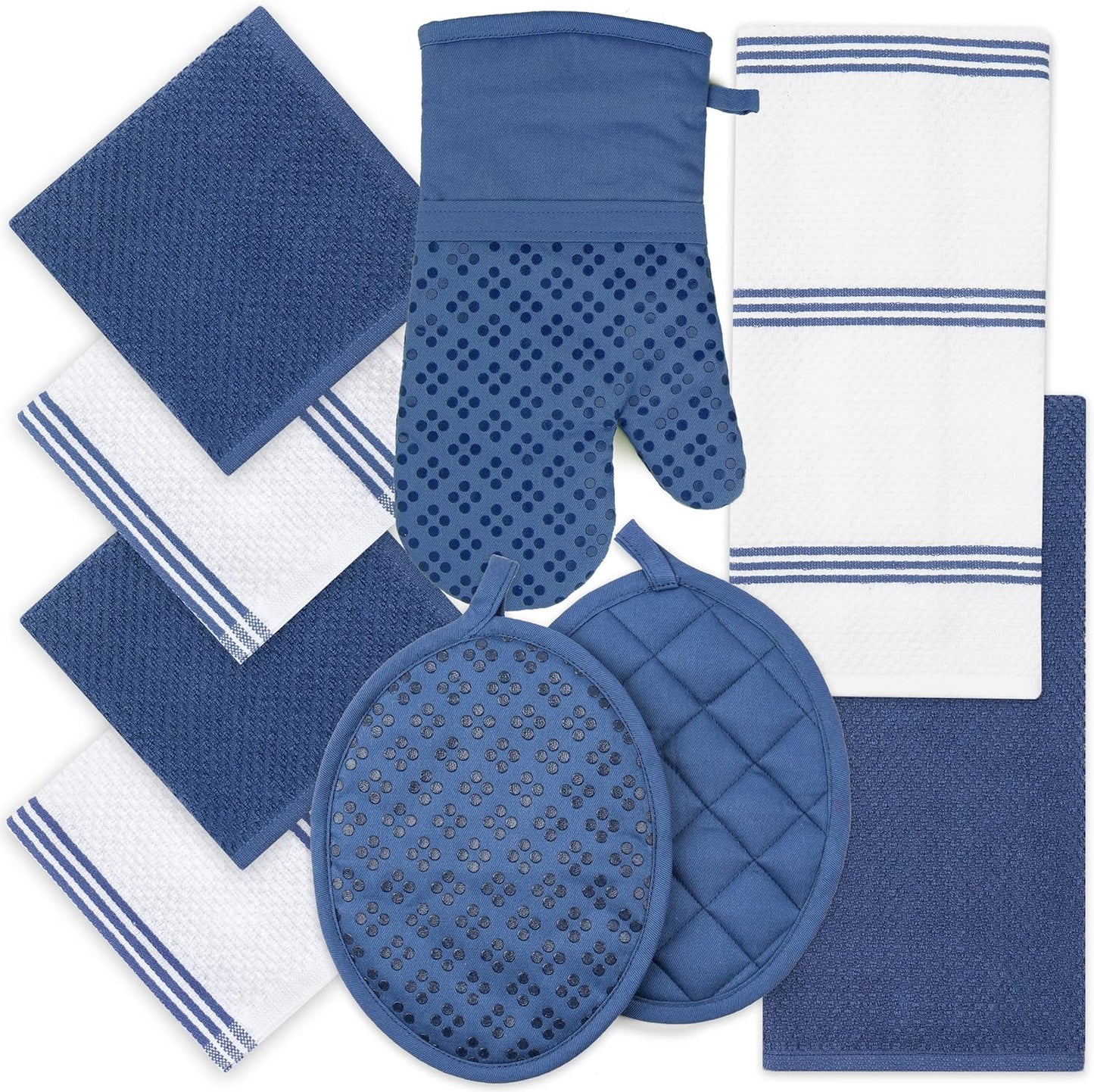 Sticky Toffee 9-Piece Kitchen Set – Dark Blue 100% Cotton Terry Dish Towels, Dishcloths, Oven Mitts, and Pot Holders with Non-Slip Silicone Grip, Oeko-Tex Cotton