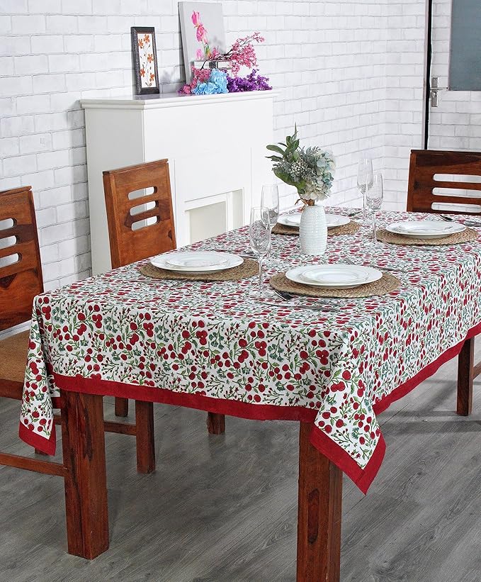 Ridhi Garnet Red Hand Block Print Cotton Rectangle Tablecloth 108 x 70 inch-Reusable Table Cover Decorative Everyday Use for Dining Room, Farmhouse, Thanksgiving, Christmas Wedding, Fall