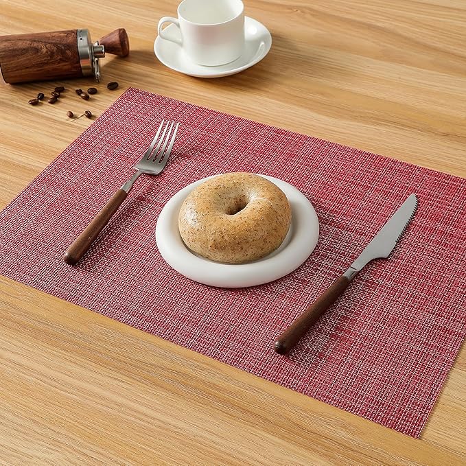 Christmas Red Placemats Set of 12 - Heat Resistant Non-Slip Place mats for Dining Table, Washable Durable PVC Vinyl Woven Table Mats（Red, 12）