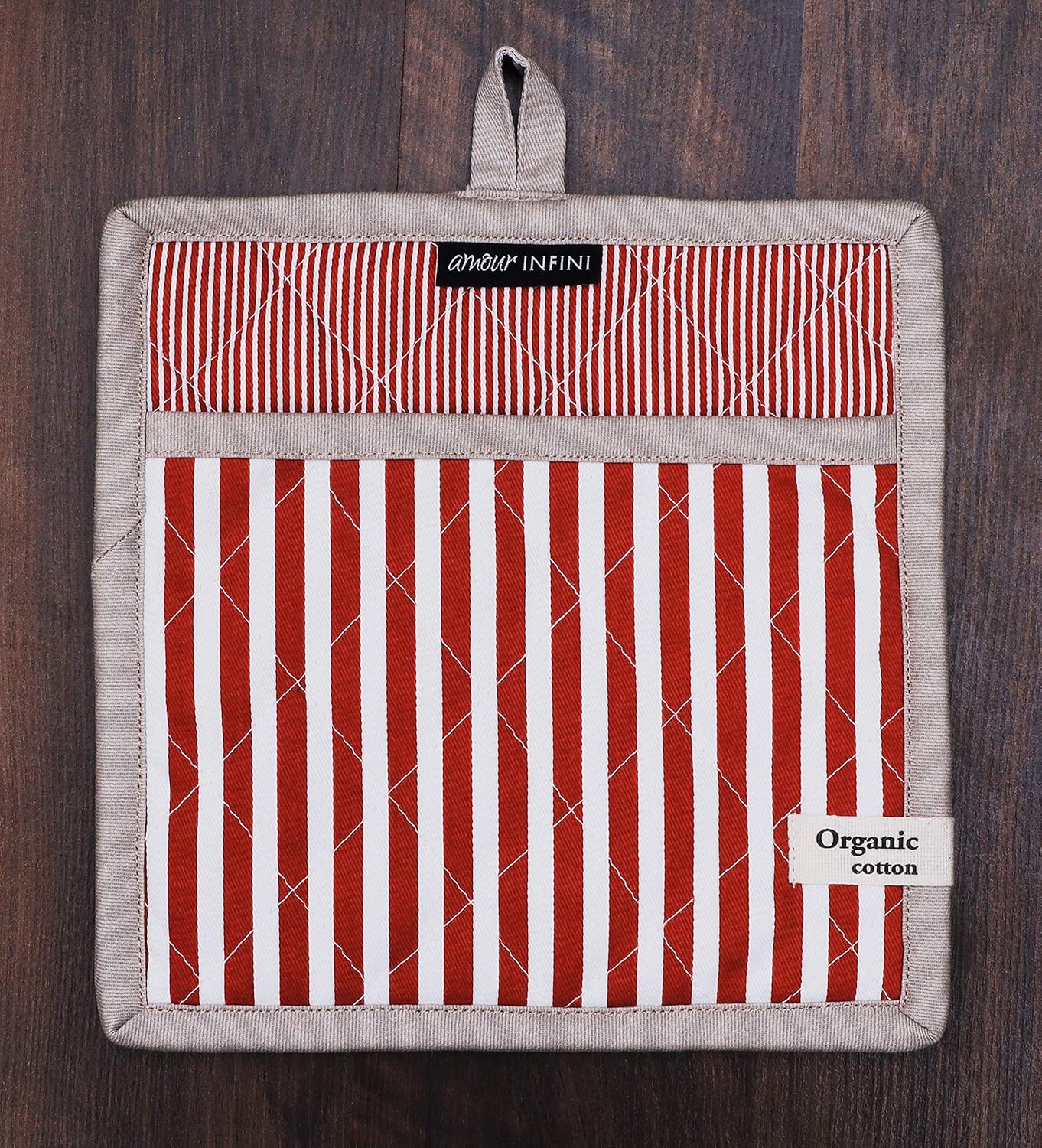 AMOUR INFINI Pot Holders Heat Resistant Cotton Set of 2 Nonslip 8"x8" Inch Hot Pads for Kitchen, BBQ, Baking & Cooking with Hanging Loops (Stripe Rust)