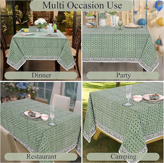 Ridhi Basil Green 60 x 90 Inches Rectangular Cotton Washable Tablecloth, Hand Block Print Floral, for Kitchen, Dining, Spring, Easter, Wedding, Birthday, Bridal