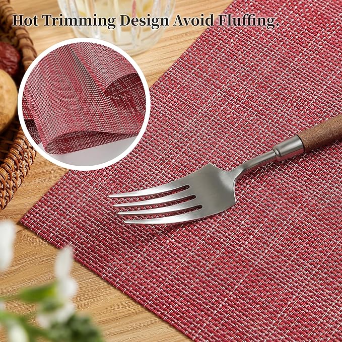 Christmas Red Placemats Set of 12 - Heat Resistant Non-Slip Place mats for Dining Table, Washable Durable PVC Vinyl Woven Table Mats（Red, 12）