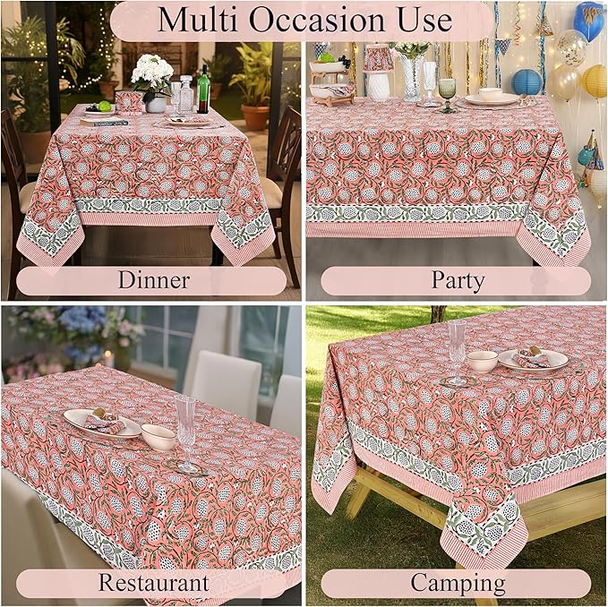Ridhi Dark Salmon Pink 80 x 120 Inches Rectangular Cotton Washable Tablecloth, Hand Block Print Floral, for Kitchen, Dining, Spring, Easter, Wedding, Birthday, Bridal