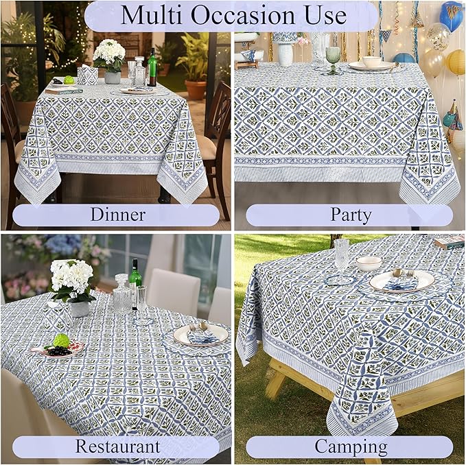 Ridhi Light Steel Blue Hand Block Print Cotton Rectangle Tablecloth 108 x 70 inches Reusable Table Cover Decorative Everyday Use for Dining Room, Farmhouse, Home, Party, Festive & Wedding, Fall