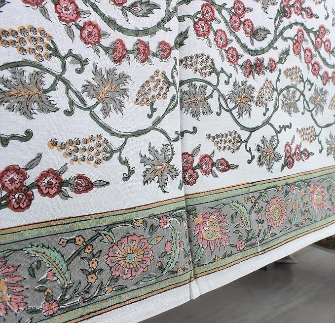 Ridhi Coral Pink Trails Hand Block Print Cotton Rectangle Tablecloth 160 x 72 inch-Reusable Table Cover Decorative Everyday Use for Dining Room, Farmhouse, Thanksgiving, Christmas Wedding, Fall