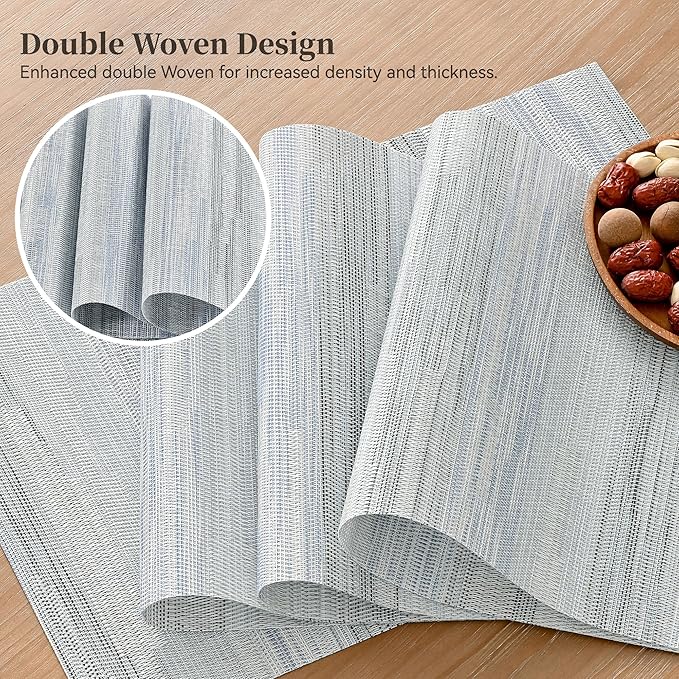 Leetaltree LightSteel Blue Placemats Set of 6 - Heat Resistant Non-Slip Place mats for Dining Table, Washable Durable PVC Vinyl Woven Table Mats（LightSteel Blue, 6）