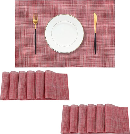 Christmas Red Placemats Set of 12 - Heat Resistant Non-Slip Place mats for Dining Table, Washable Durable PVC Vinyl Woven Table Mats（Red, 12）